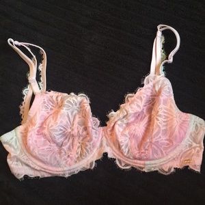 Pink semi-sheer lace bra. VS size 34DD